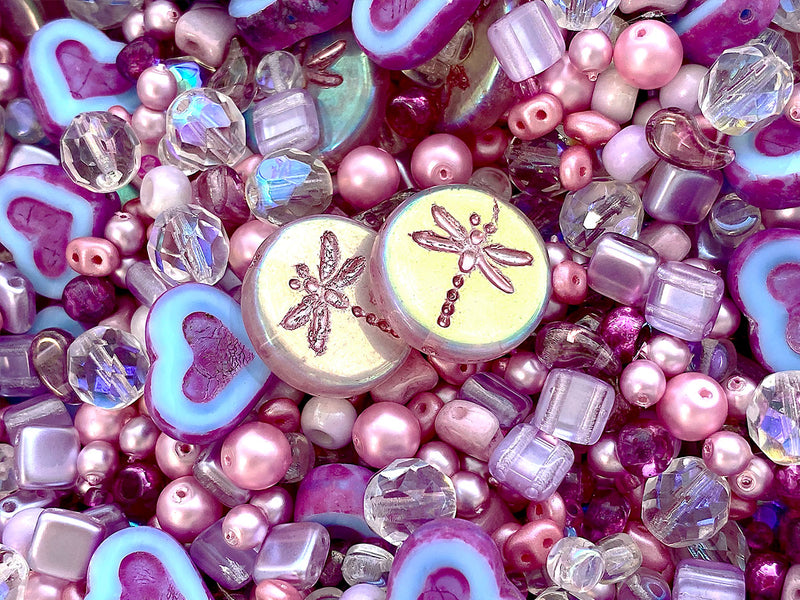 35 g Glass Bead Mix , French Rose Fuchsia, Czech Glass