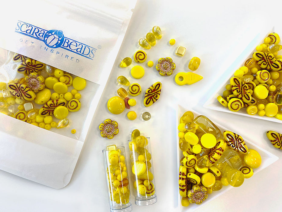 35 g Glass Bead Mix , Jonquil Yellow Goldenrod, Czech Glass