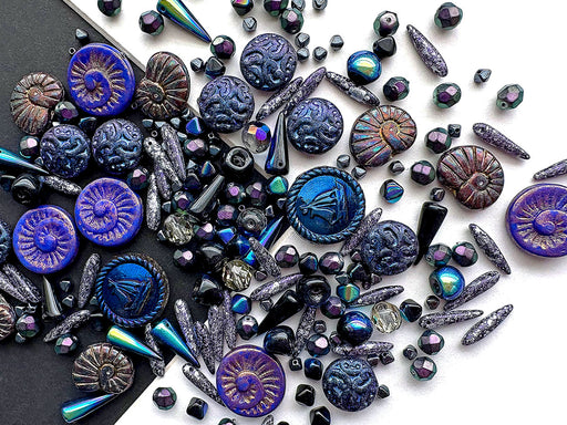 35 g Glass Bead Mix , Magic Blue Violet Gray, Czech Glass