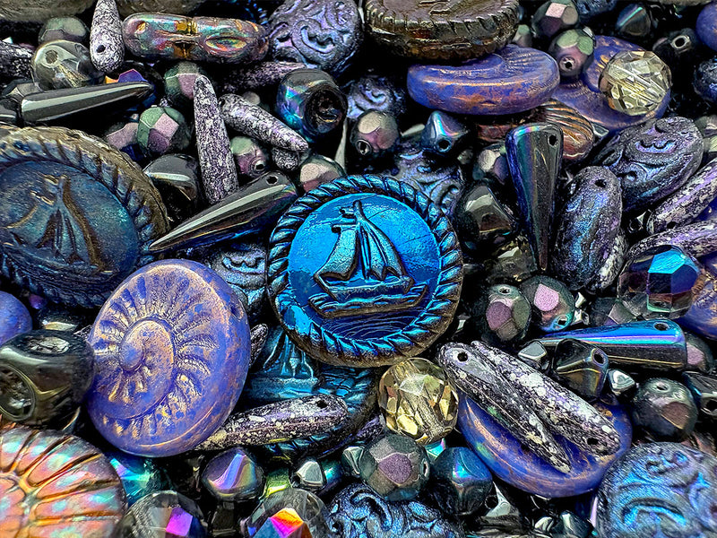 35 g Glass Bead Mix , Magic Blue Violet Gray, Czech Glass