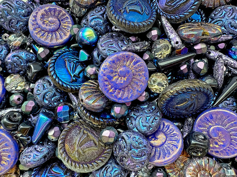 35 g Glass Bead Mix , Magic Blue Violet Gray, Czech Glass