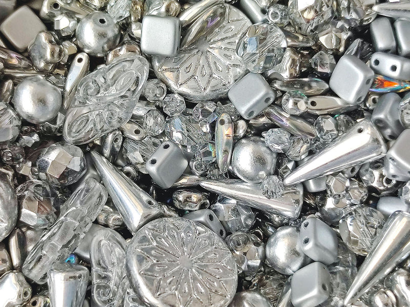 35 g Glass Bead Mix , Silver Rime, Czech Glass