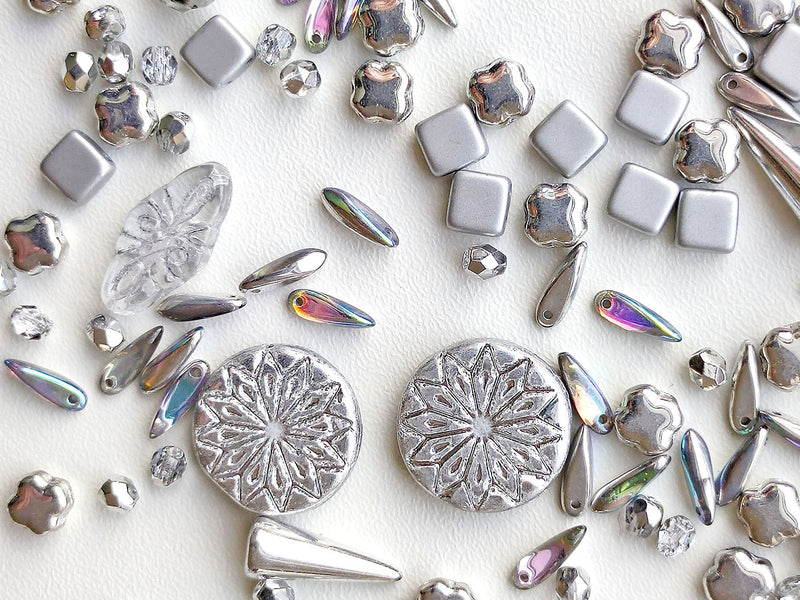 35 g Glass Bead Mix , Silver Rime, Czech Glass