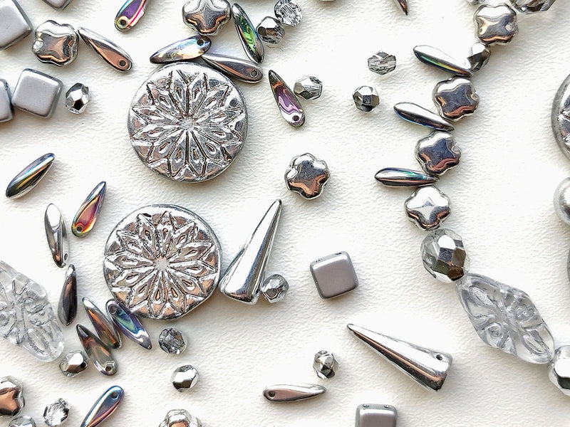 35 g Glass Bead Mix , Silver Rime, Czech Glass
