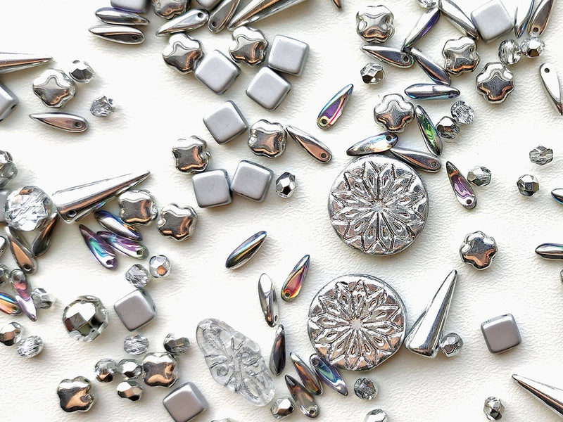 35 g Glass Bead Mix , Silver Rime, Czech Glass