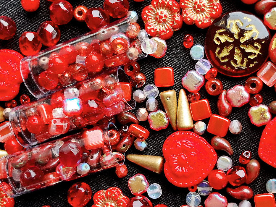 35 g Mix of Pressed Czech Beads of different shapes and sizes and Glass Cabochons, Fiery Sunset, Czech Glass