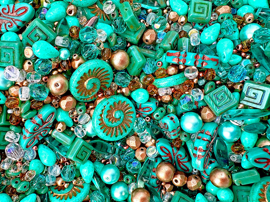 35 g Glass Bead Mix , Light Green Sea, Czech Glass