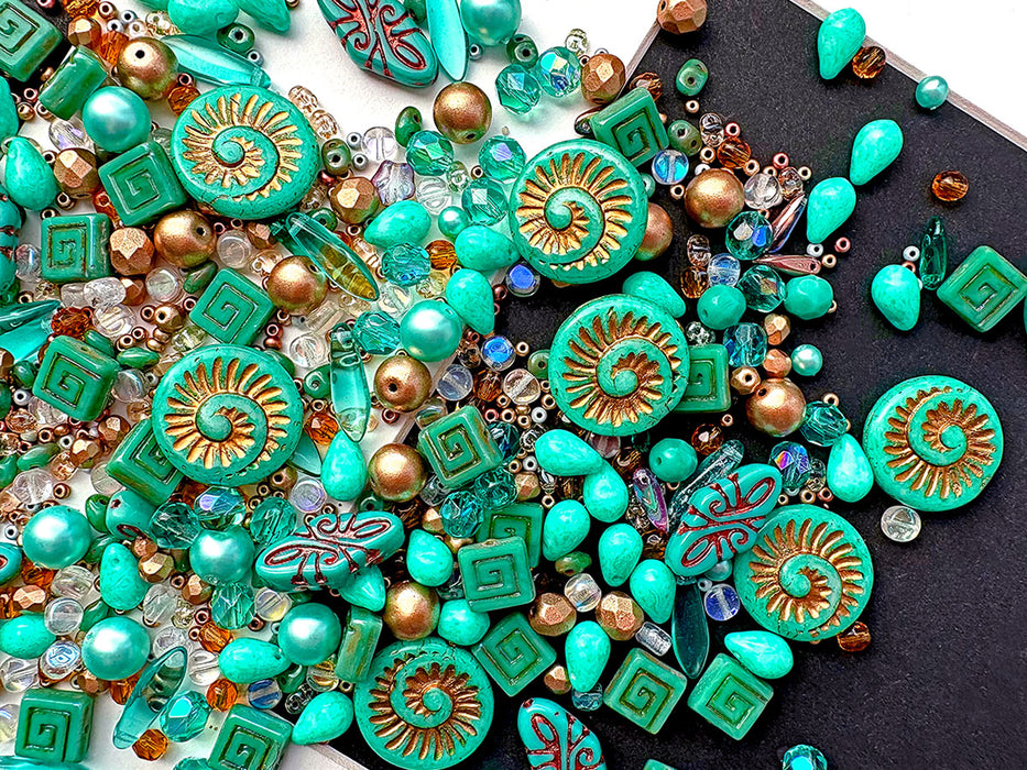 35 g Glass Bead Mix , Light Green Sea, Czech Glass