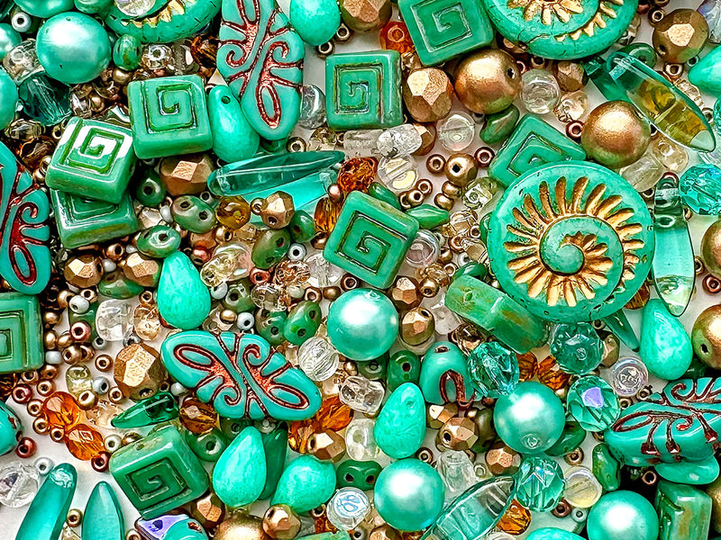35 g Glass Bead Mix , Light Green Sea, Czech Glass