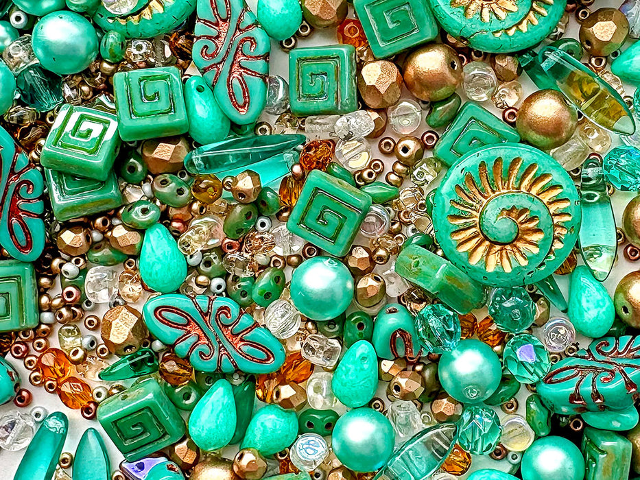 35 g Glass Bead Mix , Light Green Sea, Czech Glass