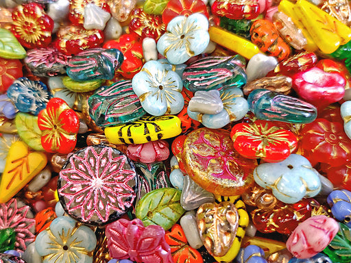 65 g Mix Beads , Flowers & Leaves, Czech Glass
