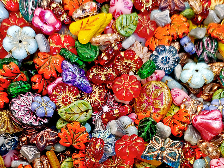 65 g Mix Beads , Flowers & Leaves, Czech Glass