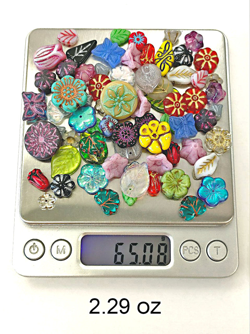 65 g Mix Beads , Flowers & Leaves, Czech Glass