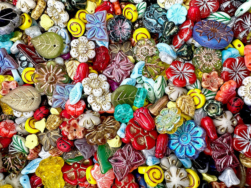 65 g Mix Beads , Flowers & Leaves, Czech Glass