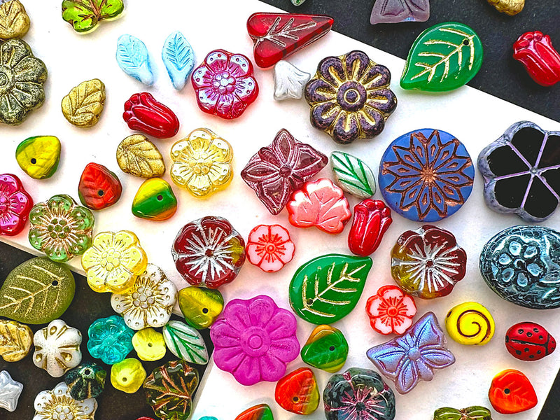 65 g Mix Beads , Flowers & Leaves, Czech Glass