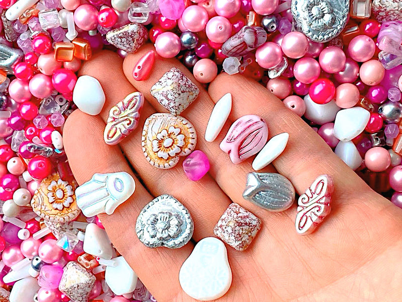 65 g (2,29 oz) Unique Mix of Czech Glass Beads for Jewelry Making, Beads & Bead assortments. Pressed Beads, Matubo, Rocailles et al. Mixed Shapes and Size, Composition Sakura