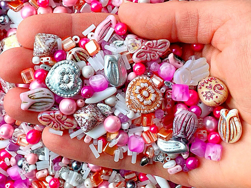 65 g (2,29 oz) Unique Mix of Czech Glass Beads for Jewelry Making, Beads & Bead assortments. Pressed Beads, Matubo, Rocailles et al. Mixed Shapes and Size, Composition Sakura