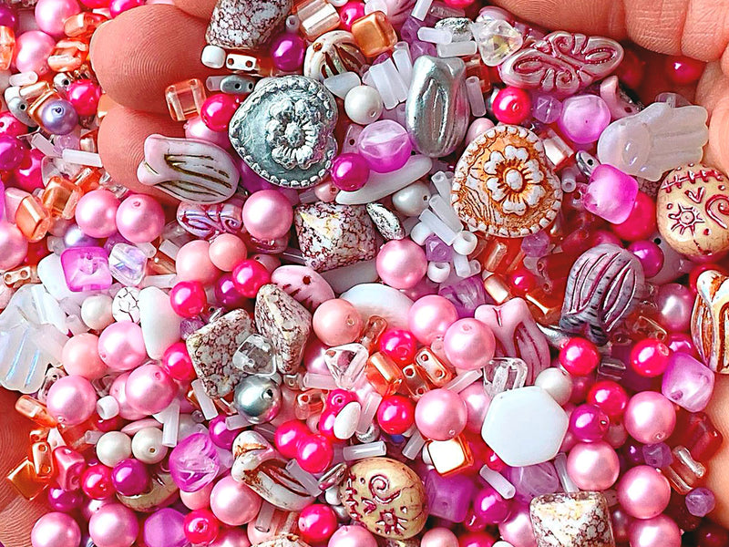 65 g (2,29 oz) Unique Mix of Czech Glass Beads for Jewelry Making, Beads & Bead assortments. Pressed Beads, Matubo, Rocailles et al. Mixed Shapes and Size, Composition Sakura