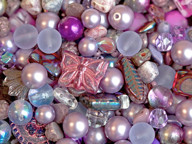 65 g (2,29 oz) Unique Mix of Czech Glass Beads for Jewelry Making, Beads & Bead assortments. Pressed Beads, Matubo, Rocailles et al. Mixed Shapes and Size, Composition Lavender Sparkle