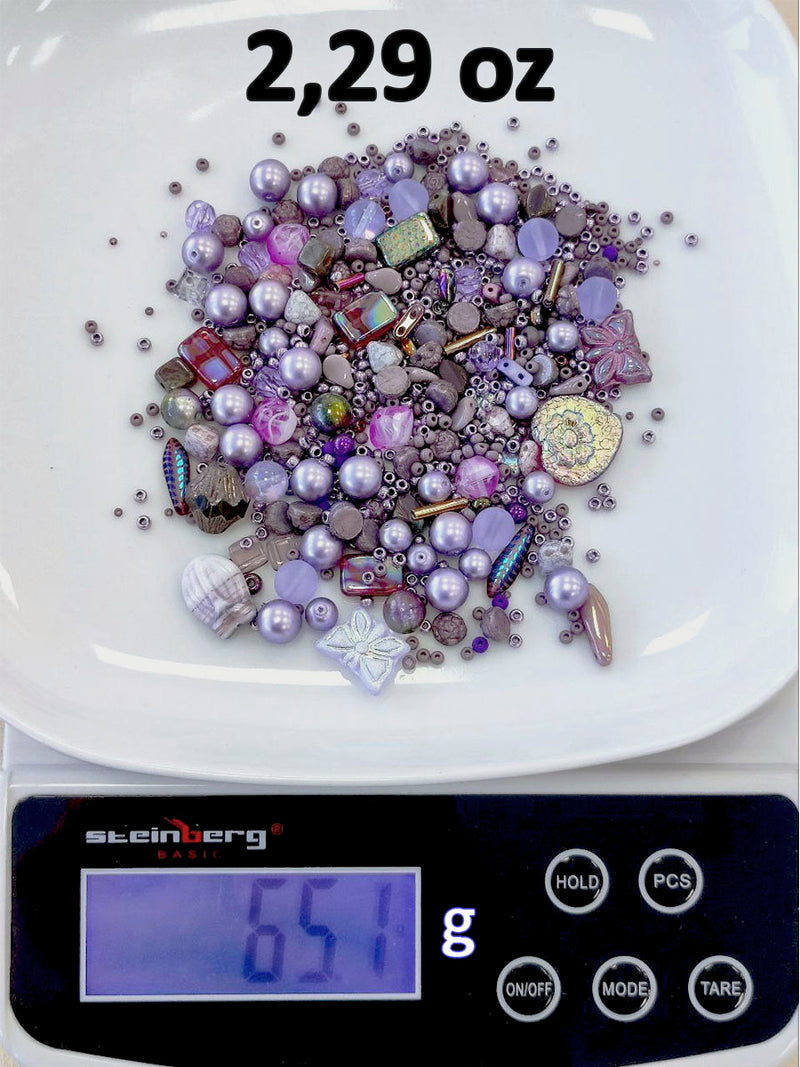 65 g (2,29 oz) Unique Mix of Czech Glass Beads for Jewelry Making, Beads & Bead assortments. Pressed Beads, Matubo, Rocailles et al. Mixed Shapes and Size, Composition Lavender Sparkle