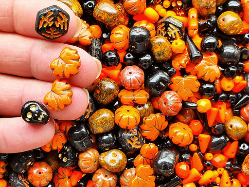 65 g Unique Mix of Czech Glass Beads for Jewelry Making, Beads & Bead assortments. Mixed Shapes and Size , Orange-Black Halloween, Czech Glass