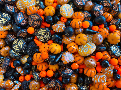 65 g Unique Mix of Czech Glass Beads for Jewelry Making, Beads & Bead assortments. Mixed Shapes and Size , Orange-Black Halloween, Czech Glass