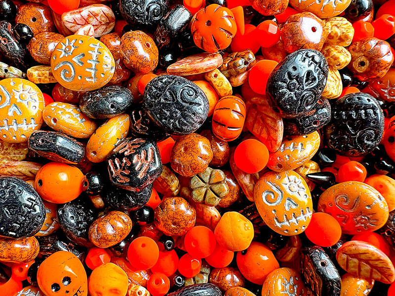 65 g Unique Mix of Czech Glass Beads for Jewelry Making, Beads & Bead assortments. Mixed Shapes and Size , Orange-Black Halloween, Czech Glass