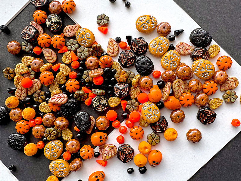 65 g Unique Mix of Czech Glass Beads for Jewelry Making, Beads & Bead assortments. Mixed Shapes and Size , Orange-Black Halloween, Czech Glass