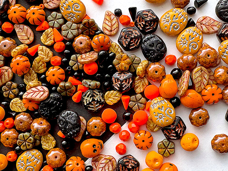 65 g Unique Mix of Czech Glass Beads for Jewelry Making, Beads & Bead assortments. Mixed Shapes and Size , Orange-Black Halloween, Czech Glass