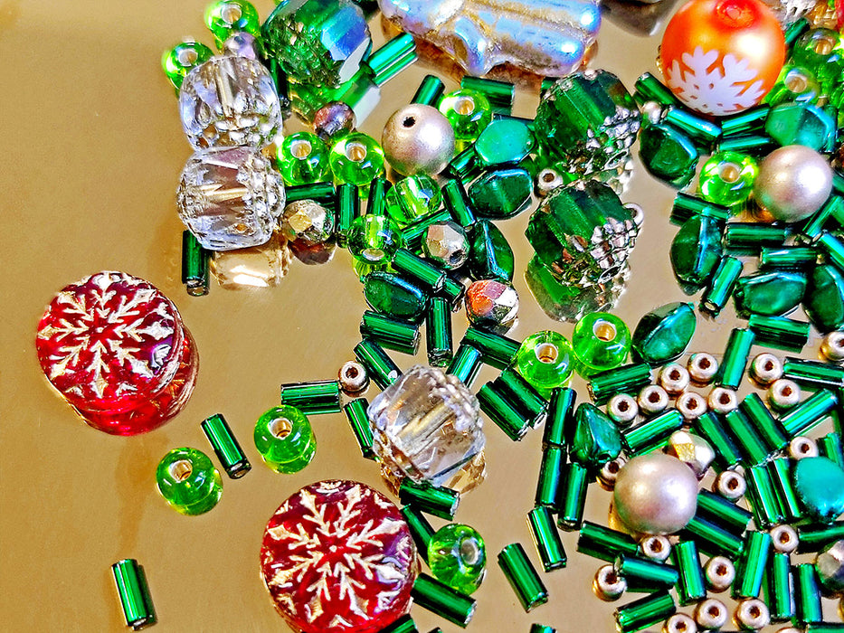 65 g Unique Mix of Czech Glass Christmas Beads for Jewelry Making , Red Green, Czech Glass