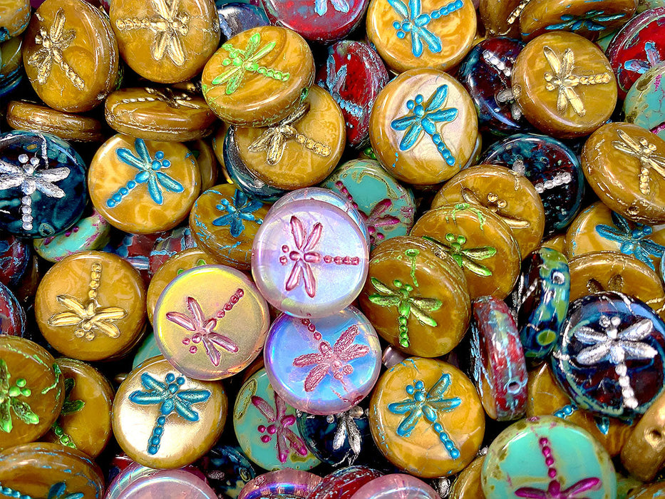 35 g (approx 15 pcs) Dragonfly Coin Czech Beads 17 mm, Mix, Czech Glass