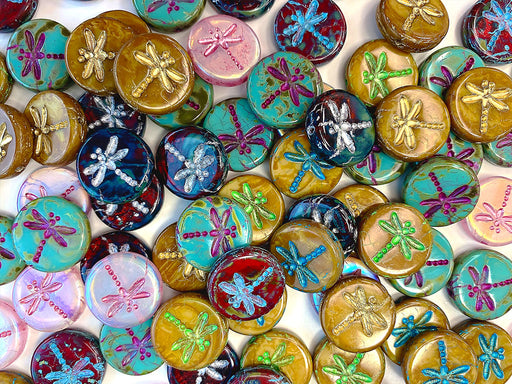 35 g (approx 15 pcs) Dragonfly Coin Czech Beads 17 mm, Mix, Czech Glass