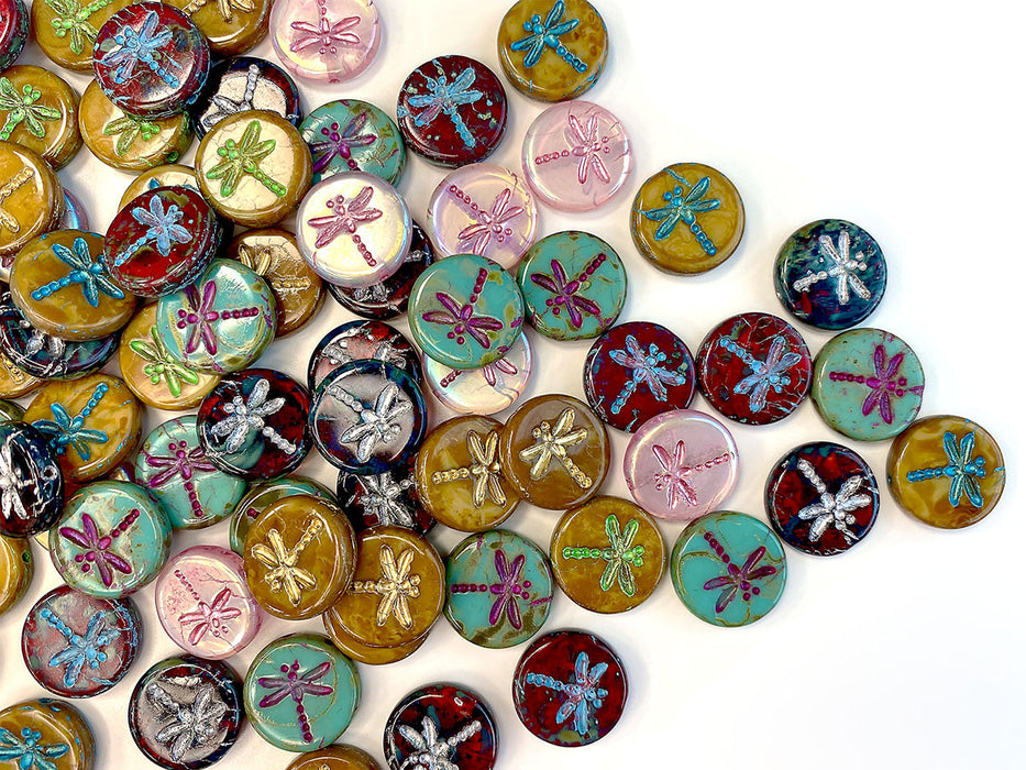 35 g (approx 15 pcs) Dragonfly Coin Czech Beads 17 mm, Mix, Czech Glass