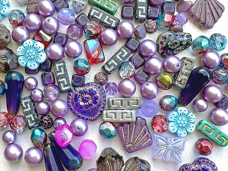 65 g Exclusive Multicolored Czech Glass Beads Mix , Lilac Fantasy, Czech Glass
