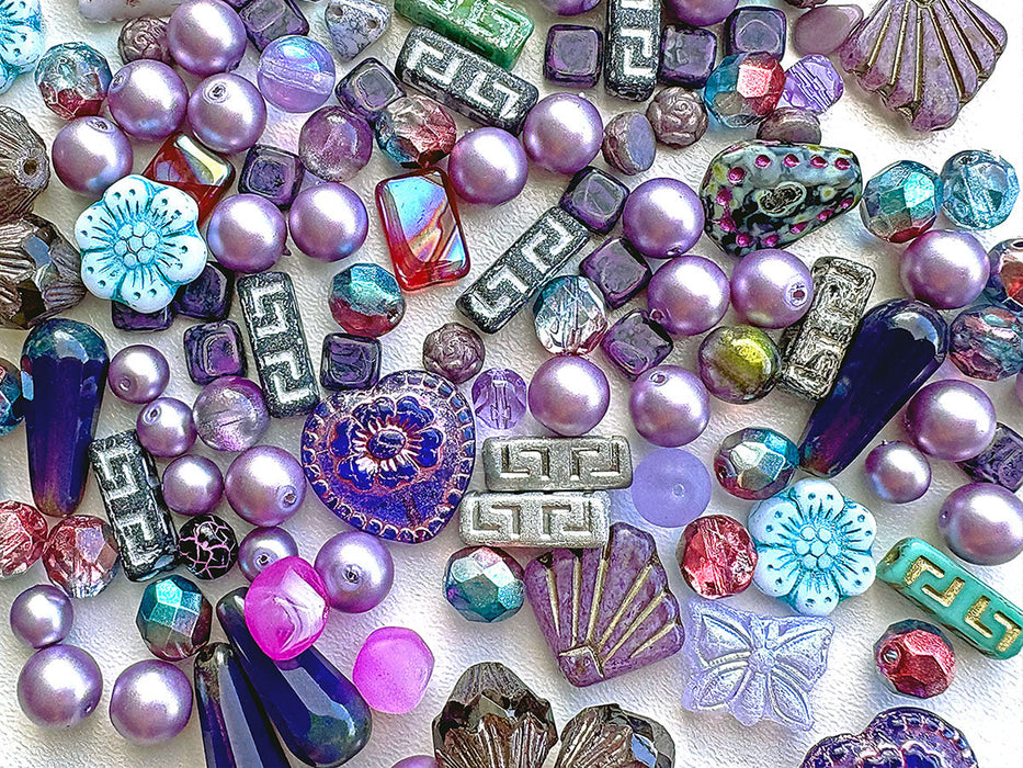 65 g Exclusive Multicolored Czech Glass Beads Mix , Lilac Fantasy, Czech Glass