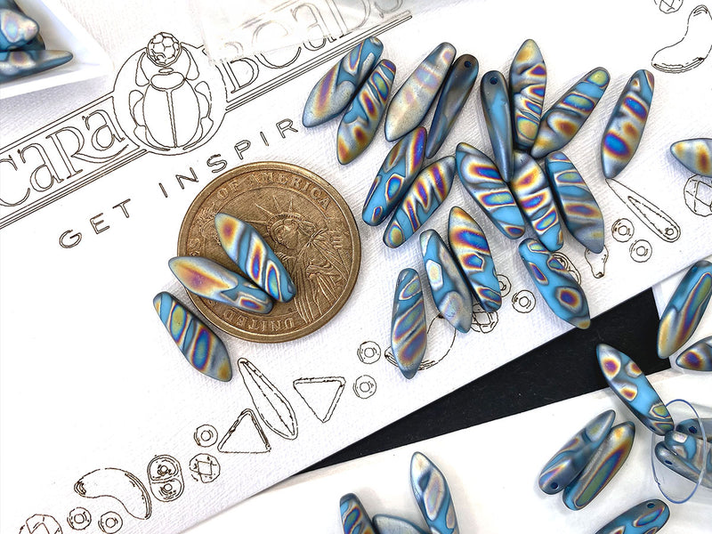 25 pcs Dagger Pressed Beads, 5x16mm, Opaque Turquoise Blue Zebra Vitrail Matte, Czech Glass