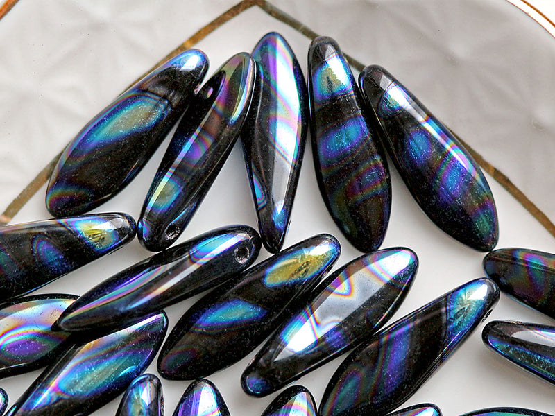 25 pcs Dagger Beads 5x16 mm, Jet AB Stripes, Czech Glass