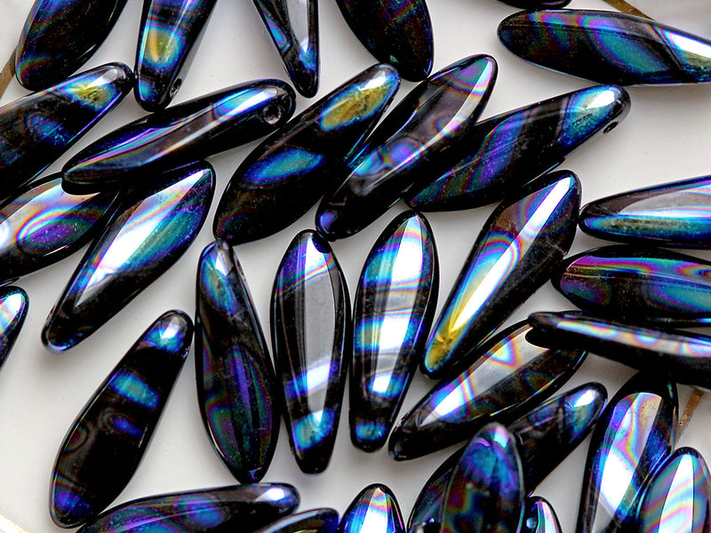 25 pcs Dagger Beads 5x16 mm, Jet AB Stripes, Czech Glass