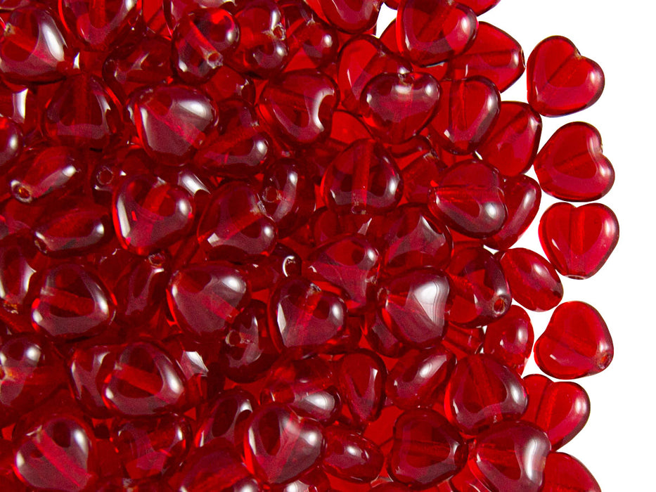 50 pcs Heart Pressed Beads, 6mm, Ruby Transparent, Czech Glass