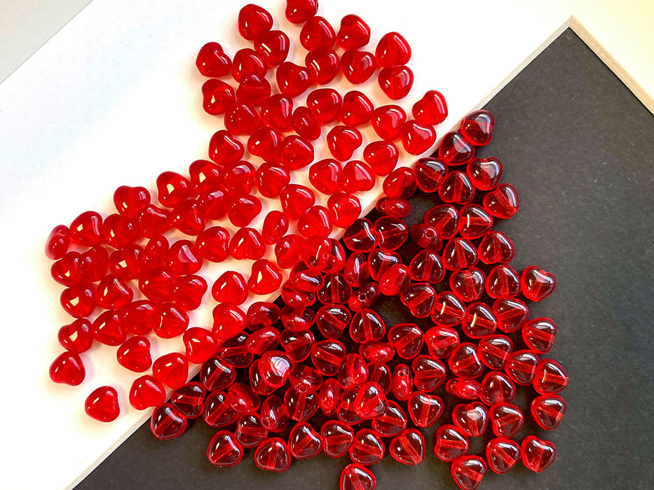 50 pcs Heart Pressed Beads, 6mm, Ruby Transparent, Czech Glass