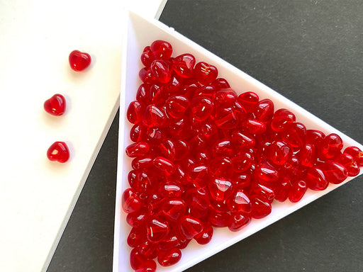 50 pcs Heart Pressed Beads, 6mm, Ruby Transparent, Czech Glass