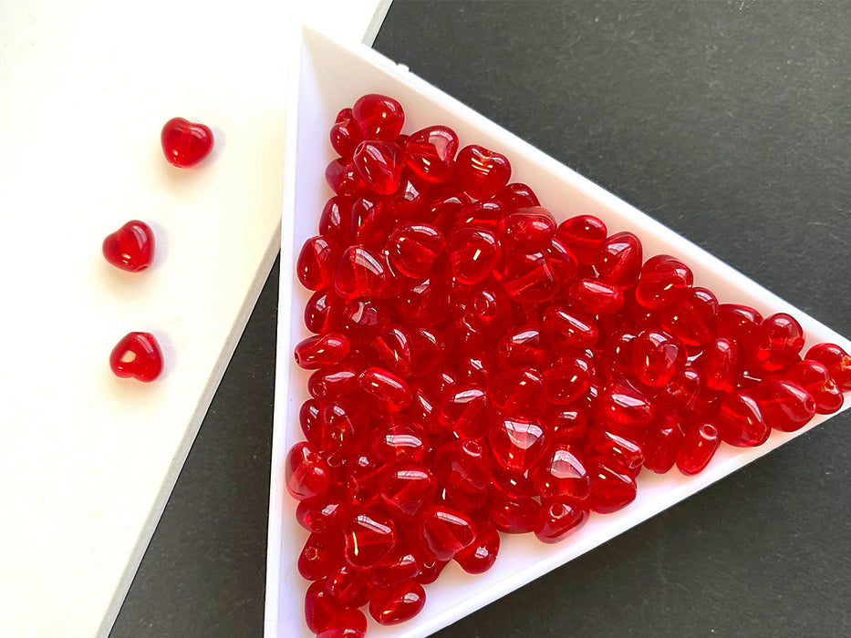 50 pcs Heart Pressed Beads, 6mm, Ruby Transparent, Czech Glass