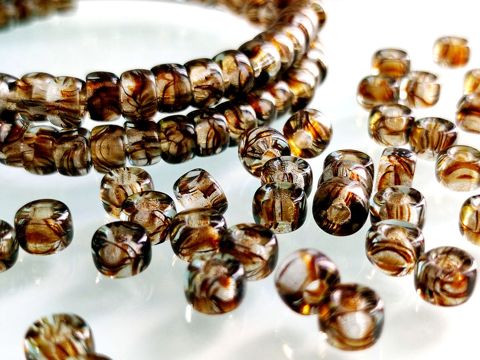 20 g Pressed Seed Beads 6 mm, Crystal with Brown Stripes, Czech Glass