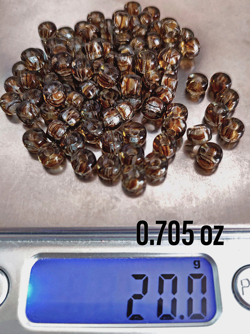 20 g Pressed Seed Beads 6 mm, Crystal with Brown Stripes, Czech Glass