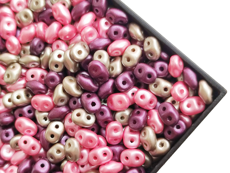 20 g SuperDuo Seed Beads 2.5x5 mm, 2 Holes, Alabaster Pastel Pink-Bordeaux-Light Brown, Czech Glass