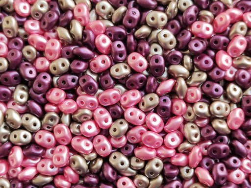 20 g SuperDuo Seed Beads 2.5x5 mm, 2 Holes, Alabaster Pastel Pink-Bordeaux-Light Brown, Czech Glass