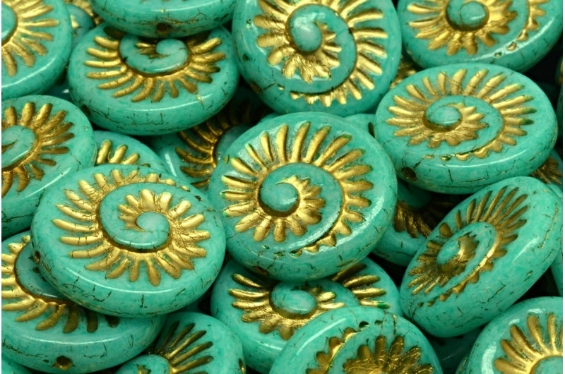 Fossil Shell Beads 18 mm, Alabaster Milky Turquoise Green with Gold Decor, Czech Glass