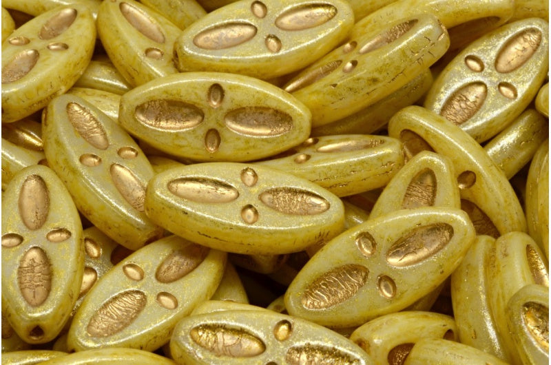 Eyed Ship Beads 20x9 mm, Alabaster Milky Beige with Gold Decor, Czech Glass