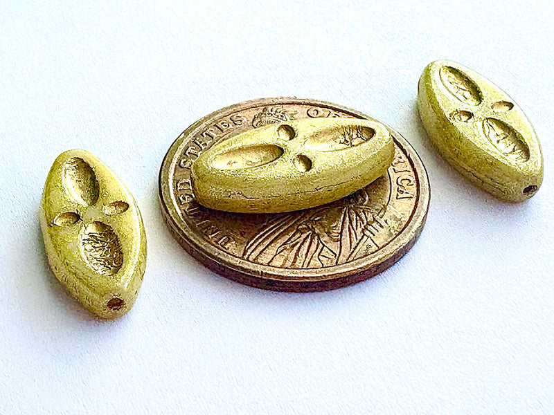 3 pcs Eyed Ship Beads 20x9 mm, Alabaster Milky Beige with Gold Decor, Czech Glass