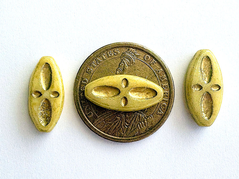 3 pcs Eyed Ship Beads 20x9 mm, Alabaster Milky Beige with Gold Decor, Czech Glass
